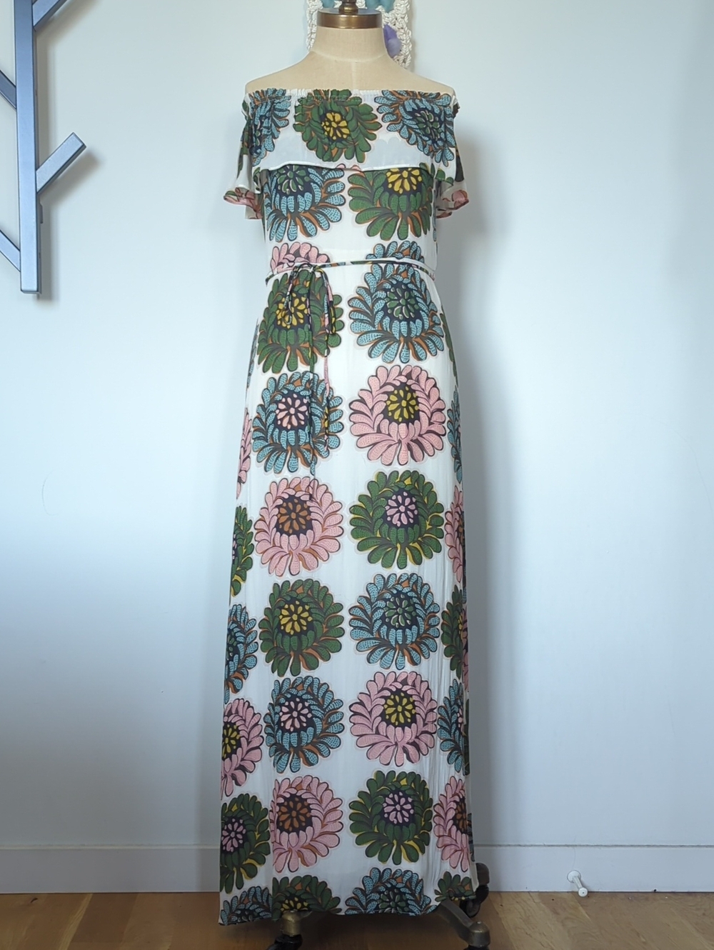 LOFT Off-Shoulder Floral Maxi Dress in Pink, Green & Blue, Size 6